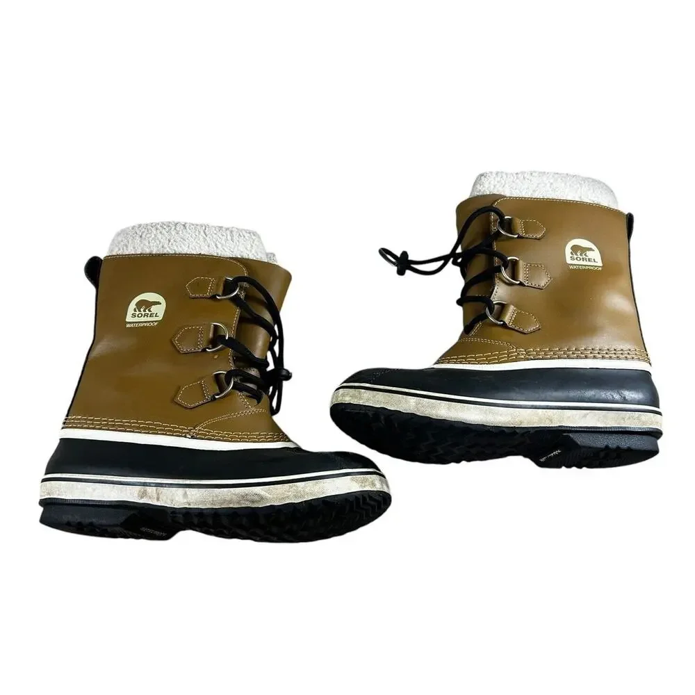 Sorel Snow Winter Duck Boots Women's Sz 4 Tan Leather Lace Up Waterproof Liners